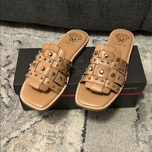 Vince Camuto Tan Leather Studded Slide Mules